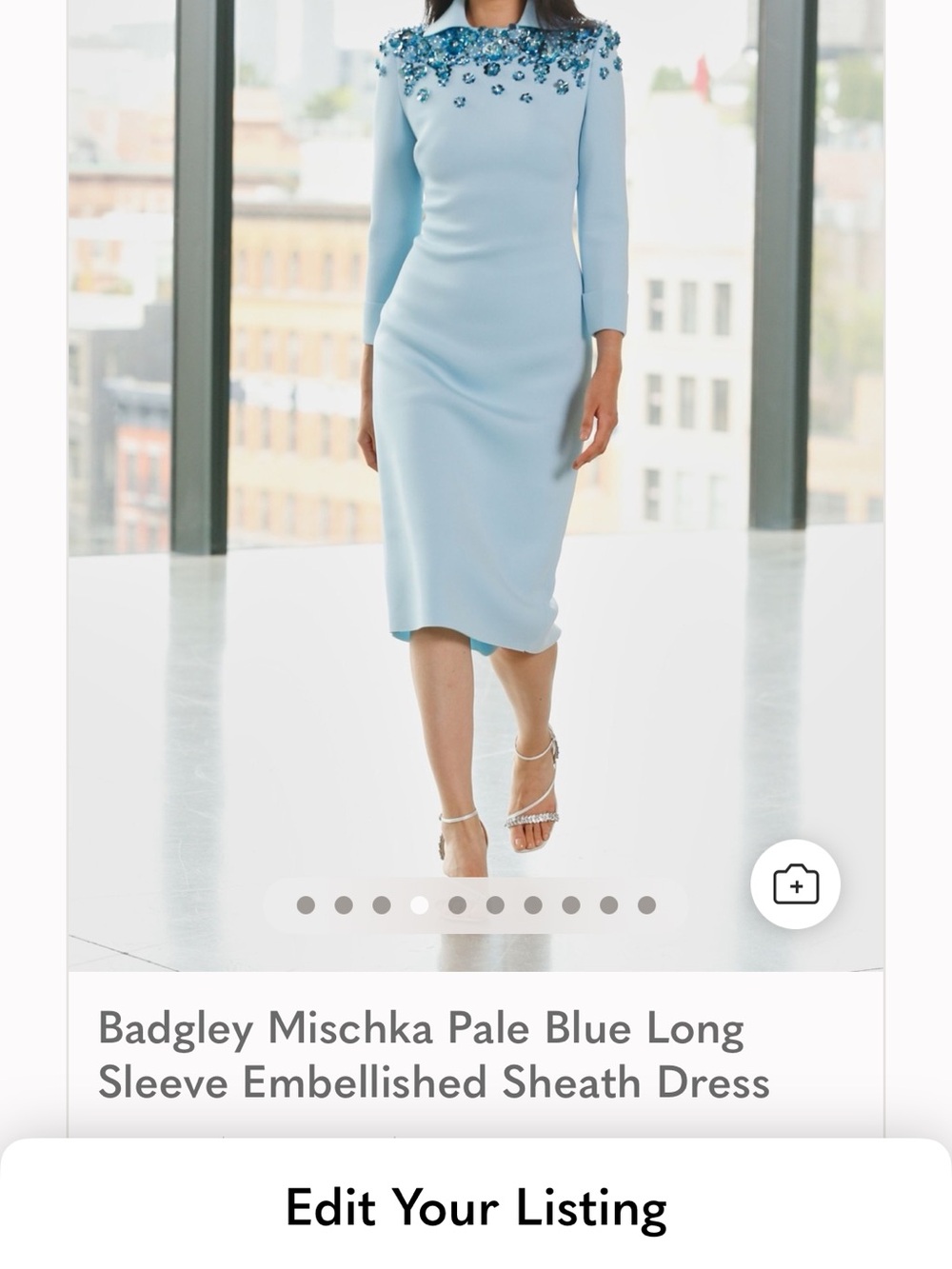 Badgley Mischka Pale Blue Long Sleeve Embellished Sheath Dress
